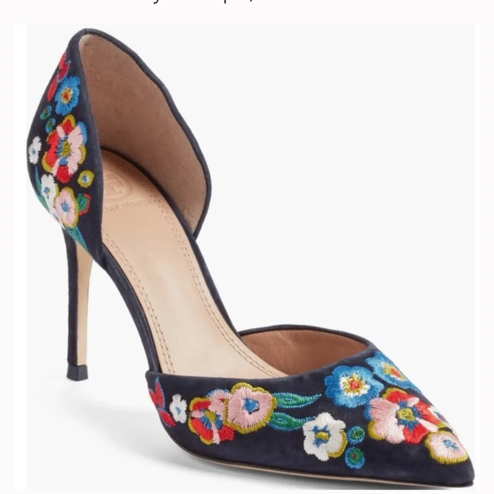 Tory Burch Rosemont Embroidered d'Orsay Pump Heels in Navy Blue, size 6.5